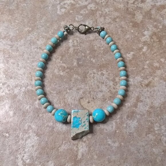 Beachy! Aqua + Sand Beaded Sea Sediment Jasper Boho SouthWestern Bracelet 6.5-7" - Picture 1 of 5